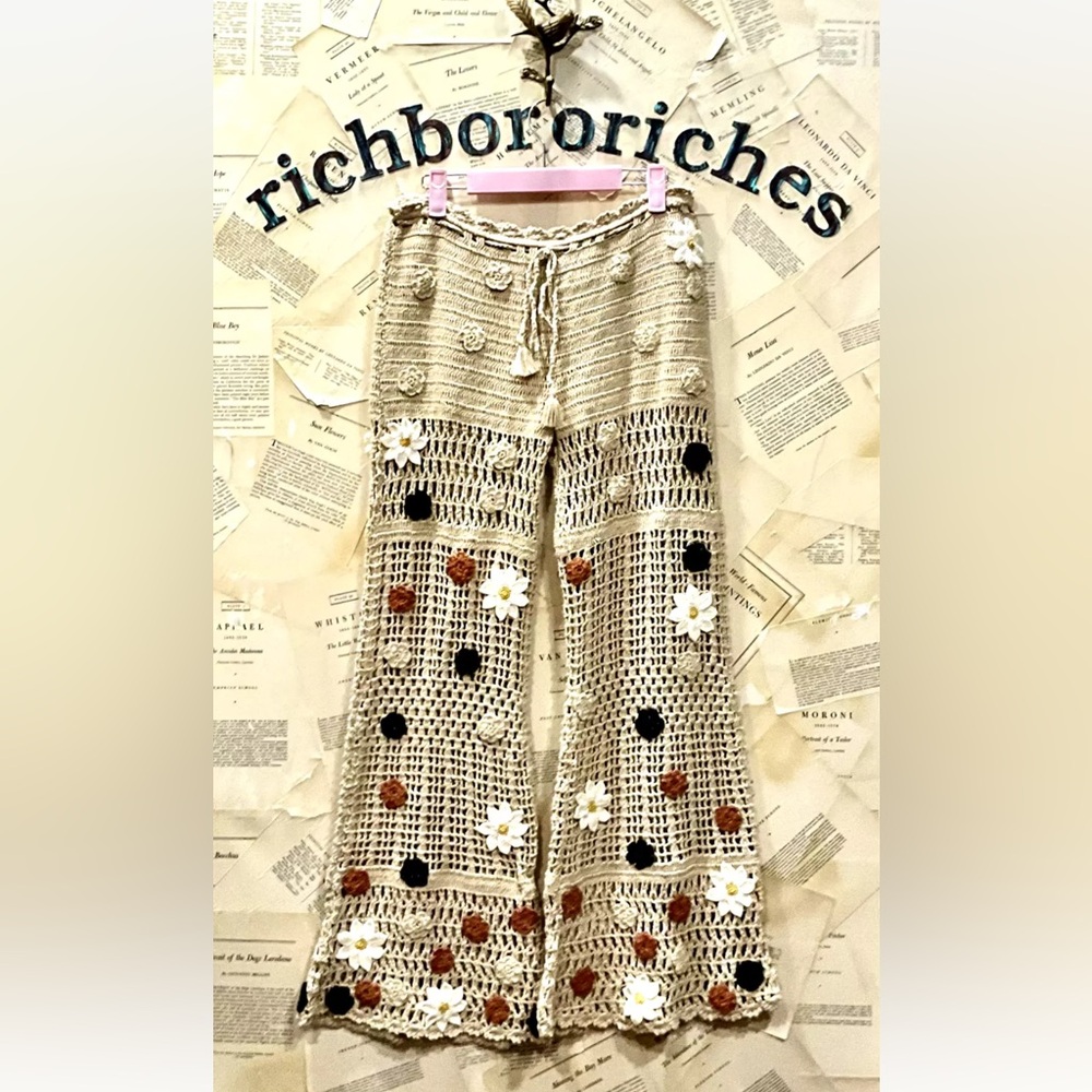Free People Cactus Flower Crochet Pant Drawstring Natural Ivory Black Rust - Picture 5 of 7